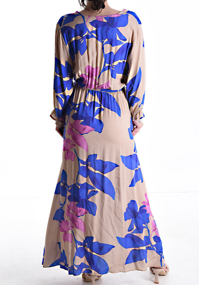 Blumenmuster lange Kleid mit V-Ausschnitt
