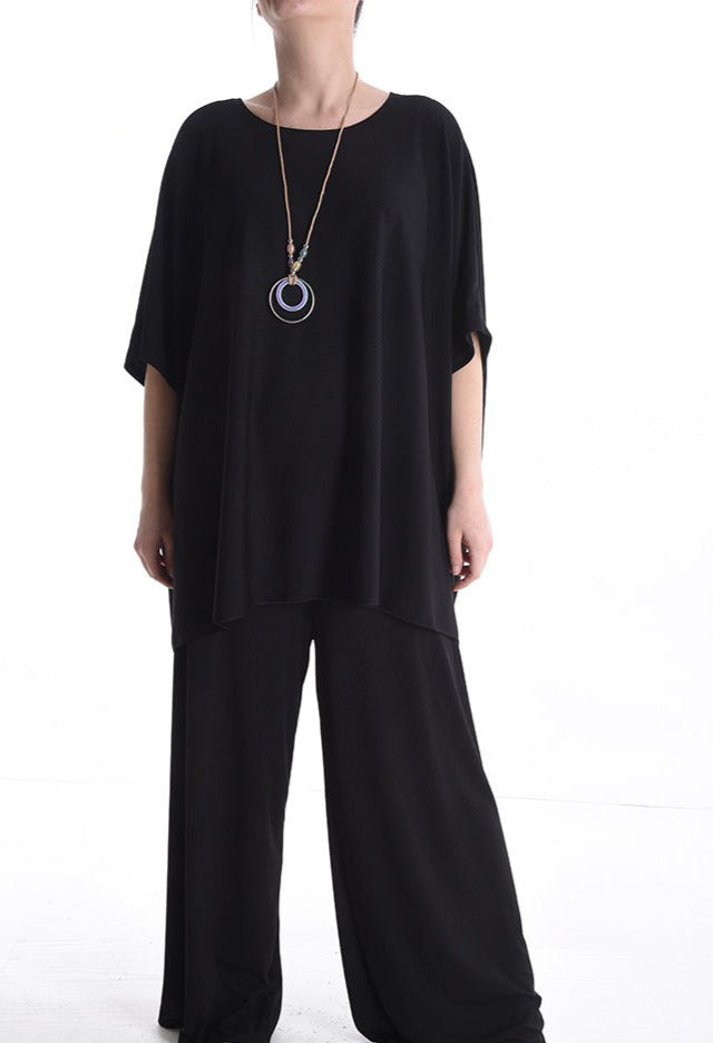 Oversize wide leg kurze ärmel zweiteilige Set mit Halskette mit gummizug