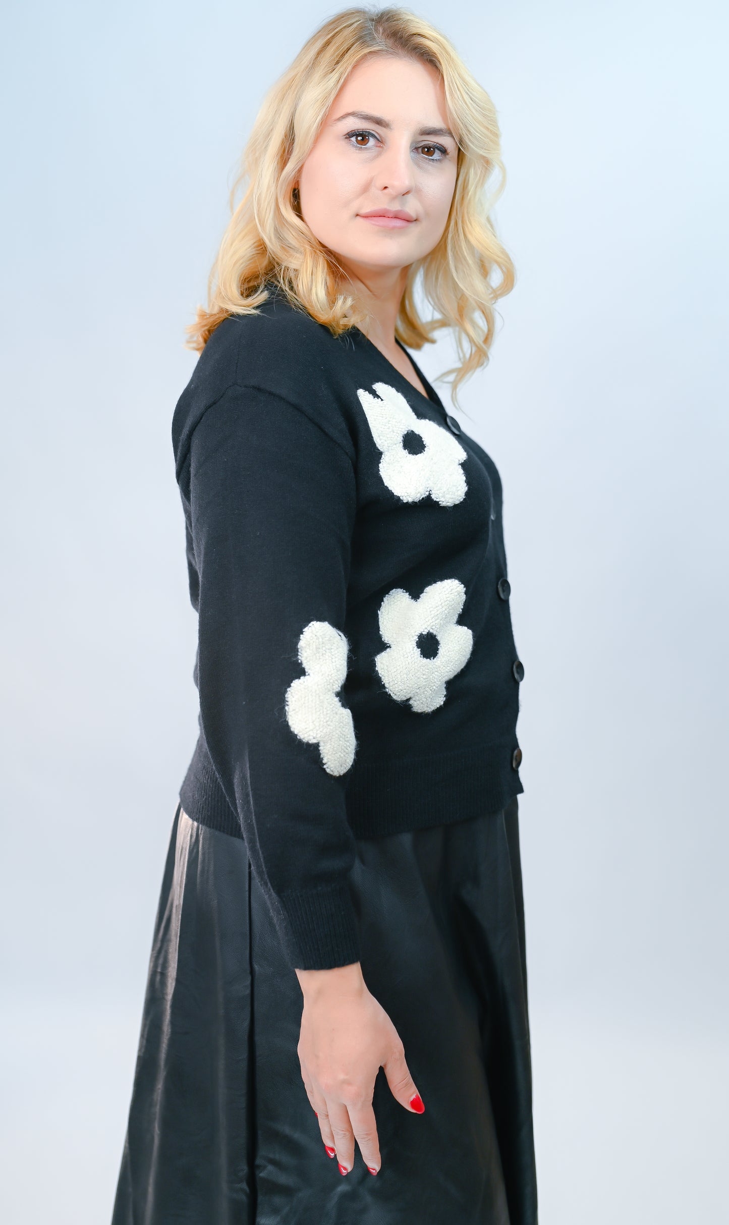 Blumenmuster Strickjacke mit Knöpfen mit V-Ausschnitt