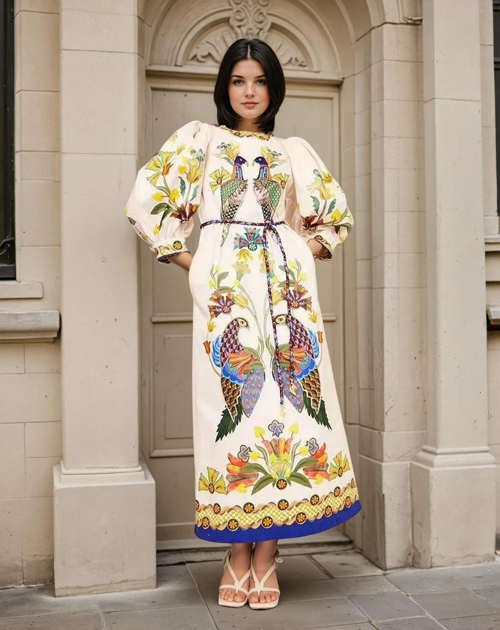 Kleid mit Blumendruck und Vogelmotiven